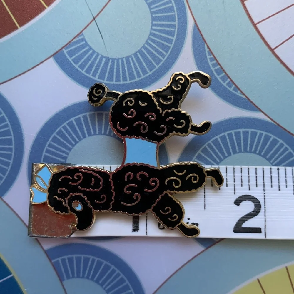Fancy black French Poodle pin with blue eyes, sweater + bow EUC